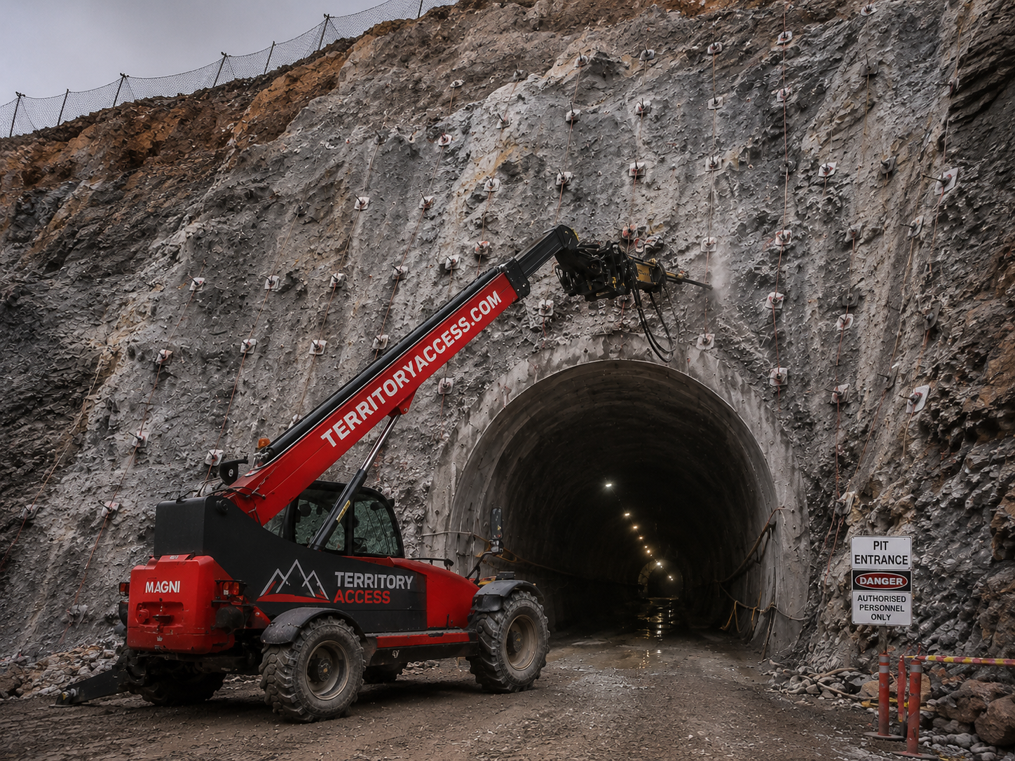 Territory Access underground portal development — branded Magni telehandler at mine portal entrance